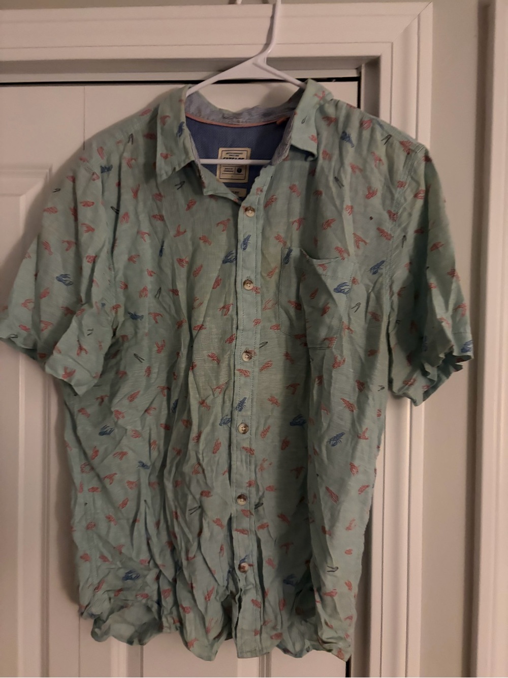 Fat Face Men's Mint Green Short-Sleeve Button-Up Shirt with Lobster Pattern